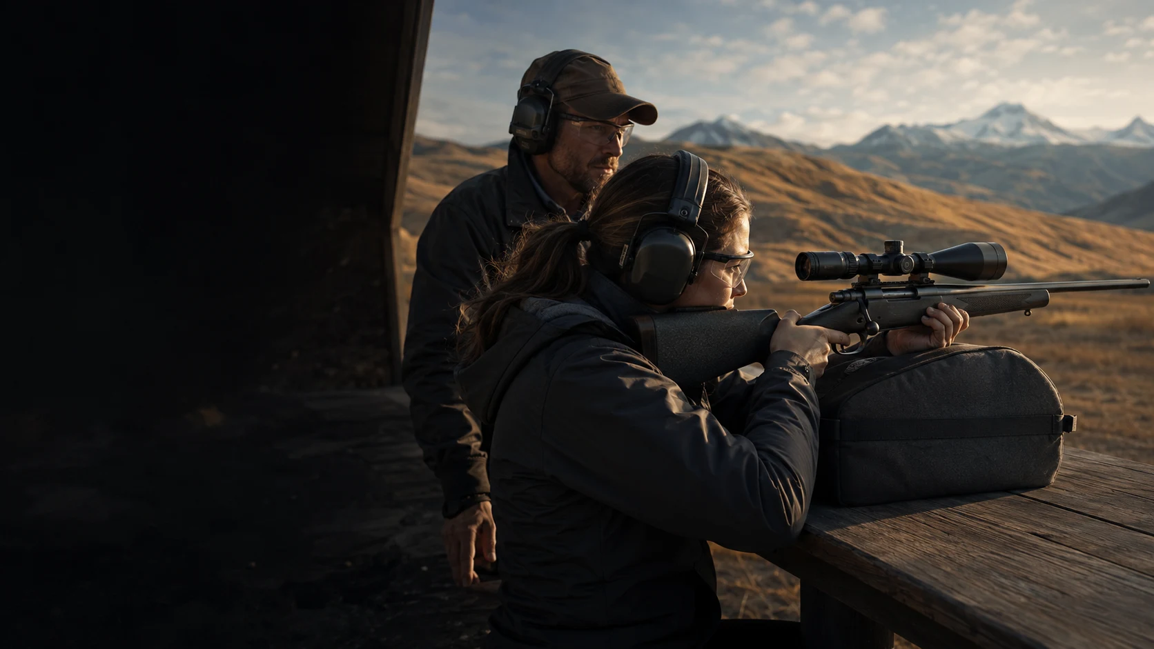 Concept of a visitor concentrating on supervised outdoor rifle shooting